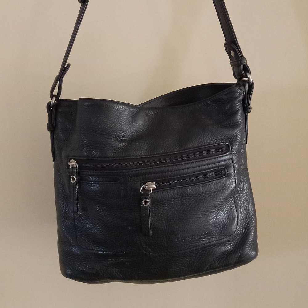 Stone & Co. Black Pebble Grain Leather Shoulder Bag Purse 12"W x 9.5"H